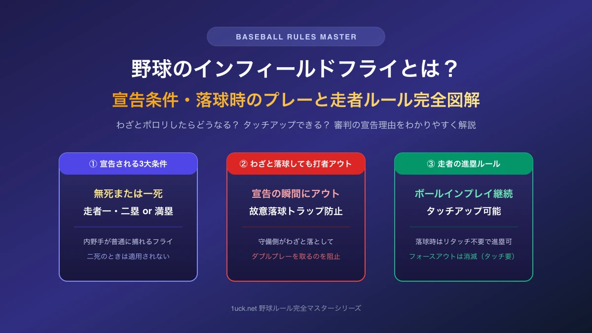 【2026年最新】野球のインフィールドフライとは？宣告の条件・わざと落球したらどうなる？走者の進塁ルールを徹底図解
