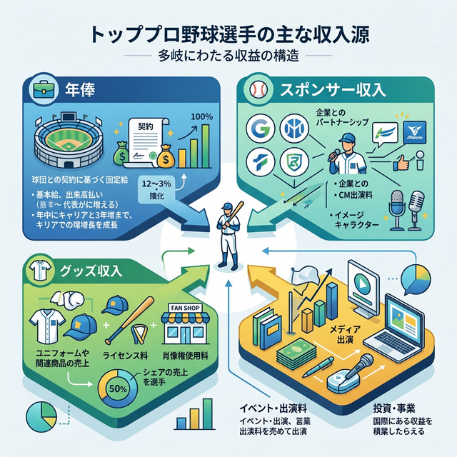 プロ野球選手の主な収入源に関する図解(年俸、スポンサー収入、グッズ収入など)