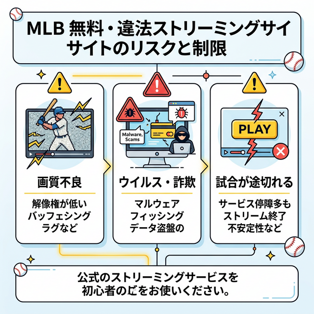 MLB無料・違法ストリーミングサイトのリスクと制限(画質不良、ウイルス・詐欺など)を解説した警告図解