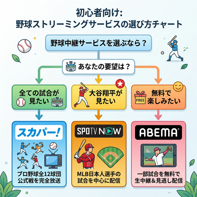初心者向け野球ストリーミングサービスの選び方チャート(スカパー、SPOTV NOW、ABEMAの特色比較)