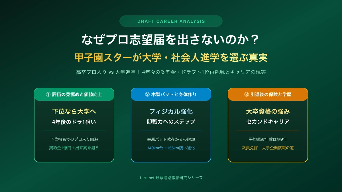 【2026ドラフト】なぜプロ志望届を出さない？甲子園スターが大学・社会人進学を選ぶリアルな理由とメリット比較